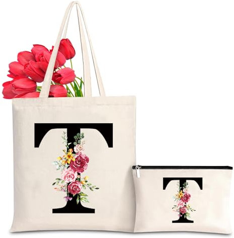 Letras Personalizadas Tote, Bolso Tote de Mujer con Inicial y Flores Bolsa de Compras con Bolsillo Interior, Alfabeto Bolso de Cosméticos Regalos para Damas Amigas Mamá Regalo de Cumpleaños Boda (T)