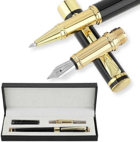 cobee Luxury Fountain Pen with Ballpoint Pen Nib, Fine Point Fountain Rollerball Pen in Gift Box with 4 Ink Cartridges Business Writing Pen Set for Signature Calligraphy Office