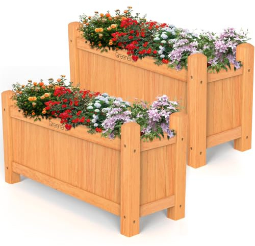Vivo Technologies Set of 2 Large Wooden Garden Planter Outdoor Flowers Plant Pot Rectangular Garden Planters Planting Raise Bed Patio Decking, 60x20x34 cm, Natural