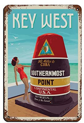KUEhhhr Metallschilder Key West Florida Reise Blechschilder Vintage Bar Club Höhle Zuhause Küche Wanddekoration Rustikales Metallschild Lustige Dekoration 30 x 20 cm