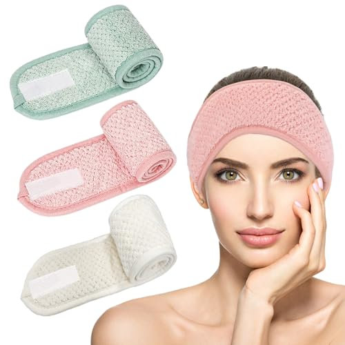 KEYRI 3 Stück Kosmetik Haarband Damen, Schminken Spa Stirnband Frottee Abschmink Verstellbare Haarschutzband Mit Klettverschluss Für Gesicht Waschen Sport Yoga (Grün, Rosa, Weiß)