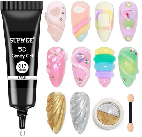 SUPWEE 3D Sculpture Gel Nail Art Carving Gel with 1PCS Two-Colors Chrome Powder DIY Painting Carved Nail Polish 5D Embossing Decoration Manicure