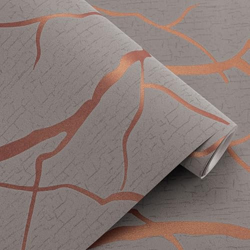 Pamatio Luxury Brown Branch Pattern Textured Wallpaper, Copper-Coloured Lines Metallic Glitter Wallpaper - Non Woven 3D Embossed Effect Feature - for Bedroom Living Room Hallway Home Adult Wall