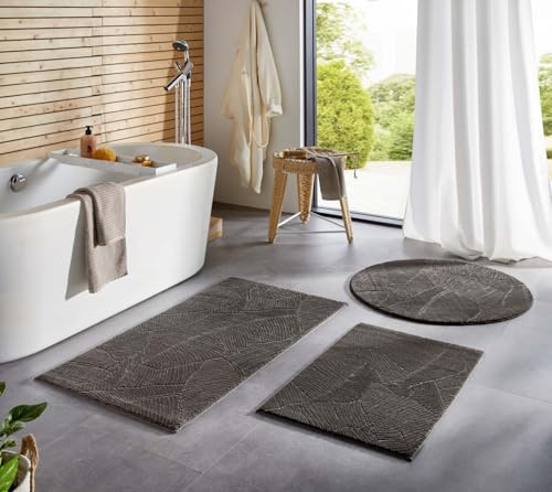 Taracarpet Badematte Homestyle rutschfest waschbar Badezimmerteppich Bad-Vorleger, WC Deko, Duschvorleger für Dusche und Badewannen sehr weich und kombinierbar Anthrazit Blätter 120 cm rund