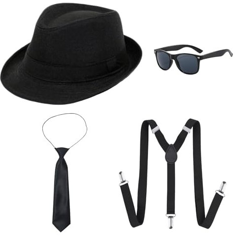 UILYNIU 4 Stück Mafia Gatsby Gangster Kostüm Herren 1920s Jahre Herren Accessoires Hut Gläser Krawatte Hosenträger, Panama Gangster Hut Erwachsene Kostüm fur Halloween Karneval Kostümparty