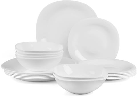 LaGlint 18 Teilig Set Tafelservice 6 Personen, Weiß Geschirrset Opalglas Quadratisch, Beinhaltet Müslischalen, Dessertteller und Speiseteller