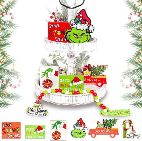 Grinch vassoio decorativo, 6 pezzi Decorazione del vassoio Grinch, Set di decorazioni natalizie per vassoi Grinch, vassoi natalizi a più livelli Grinch, per Natale, vacanze, decorazione da tavolo