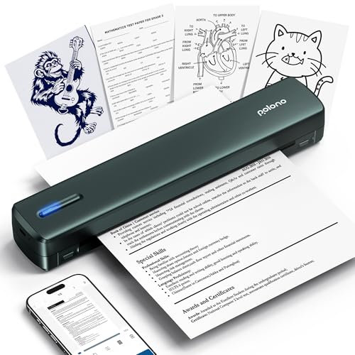POLONO Tragbarer Drucker, kabellos für Reisen, D810 Bluethooth-Thermodrucker, Unterstützung für 21,6 x 27,9 cm US-Buchstaben, tintenloser Drucker, kompatibel mit iOS, Android, Laptop für Büro, Auto