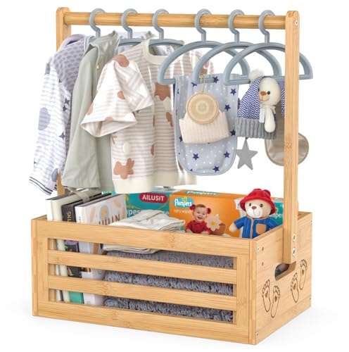 BAMBOOHOMIE Neugeborenen-Geschenk-Holzkiste, Baby-Geschenkkorb mit Griff, Bambus-Dekorbox, Kleiderständer und Aufbewahrungsbox für Babys, Puppen und Haustiere (Naturfarbe, Klein)