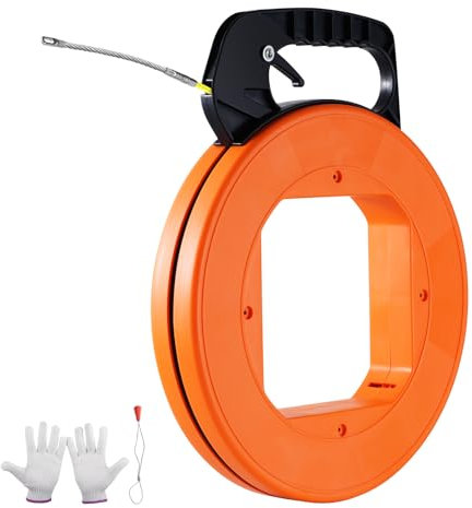 VEVOR Aiguille Électricien 30,5 m Tire Fils Électrique Fibre de Verre 1,58 mm avec Boîtier, Poignée, Facile à Utiliser, Outil Extraction Câble Flexible pour Murs, Conduits Électriques, Non Conducteur