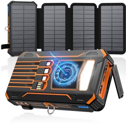 SOARAISE Solar Charger Power Bank - 48000mAh Wireless Portable Charger Built-in 4 Cables and 4 Solar Panels, PD QC 3.0 Fast Charging USB C Battery Pack with Flashlight for Camping Travel