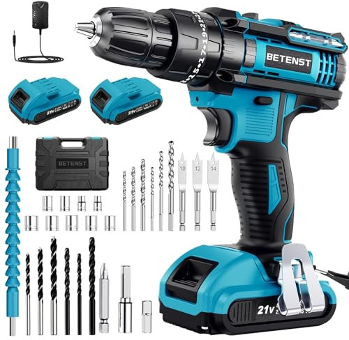 Trapano Avvitatore Batteria 21V, Avvitatore a Batteria con 2 Batterie da 2.0Ah, 42N.m Trapano Percussione, 25+3 Coppie, 2 Velocità, 14 Accessori, Luce a LED Per Fai da te, Casa e Giardino
