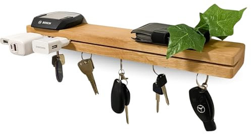 Schlüsselbrett magnetisch aus Eiche mit Gravur Geschenkidee mit Ablage für Netzteile & Kabel, solide Wandmontage Schlüsselboard XXL von SCHWEGLER.online