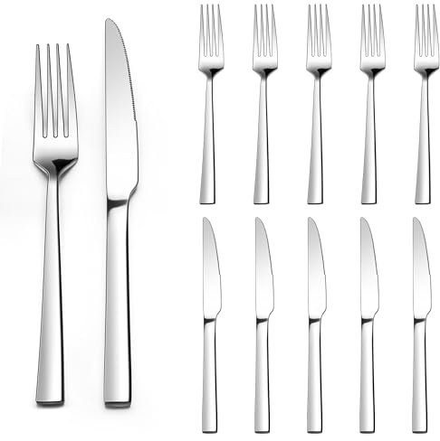 Homikit Steakbestick-set, 12 delar rostfritt stål biffkniv och biffgaffel, stekbestickset för 6 personer, silver bestickset med kvadratiskt handtag för hus restaurang hotell, rostfri och