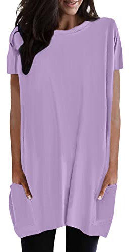V Shirt Femme Mode Simple Couleur Unie Col Rond Manches Courtes Poche Long Top Yoga Pull Femme, lilas, XL