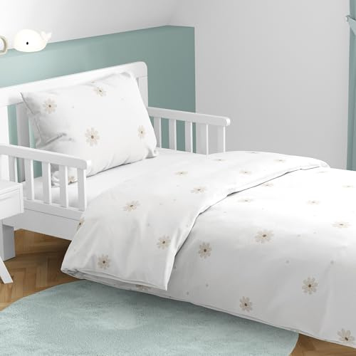 MTOnlinehandel Babybettwäsche 100x135 cm – 2-teilig mit Kissenbezug 40x60 – Baumwolle – Kinderbettwäsche Blumen Gänseblümchen Design – Oeko-TEX Zertifiziert