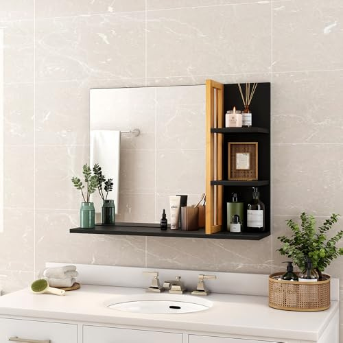 Sanless Miroir Mural de Salle de Bain avec étagères de Rangement, Noir et Bois Clair – Structure MDF + Bambou Véritable – Finition Bois Naturel – Déco Zen- 3 étagères latérales + 1 étagère inférieure