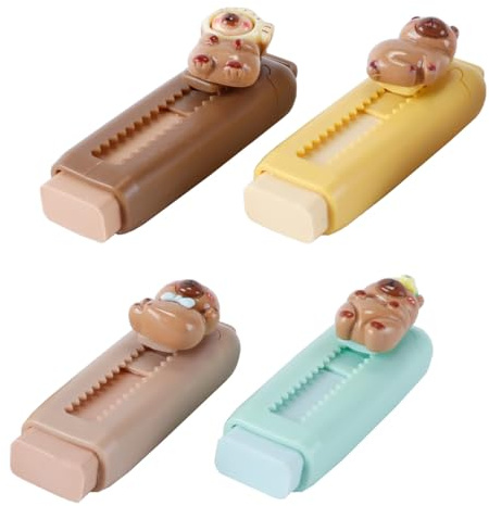 Ausi 4 Stück Capybara-Radiergummi, einziehbar, Radiergummi-Tiere, geeignet für Schüler (Dunkelbraun + Hellbraun + Gelb + Grün)