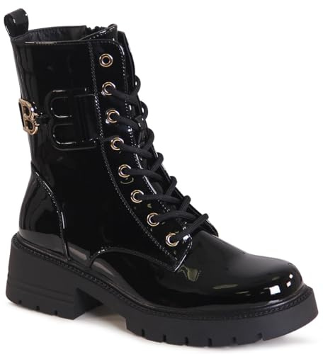 topschuhe24 3193 Damen Lack Stiefeletten Worker Biker Boots