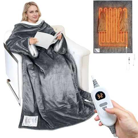Catalonia Classy Heated Wearable Blanket with Sleeves, Warm Sherpa Fleece Heated Throw Blanket, Electric Snuggle Blanket with Arms, Cozy Gift for Women Men, 178 x 127 cm, Gray