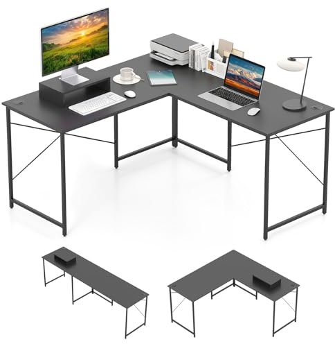 LIFEZEAL Escritorio Reversible en L con multienchufe (Gris) | Mesa angular de esquina larga para 2-3 ordenadores, estación de trabajo para oficina y estudio