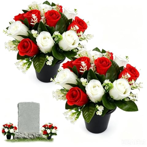 CloudYida 2 PCS Artificial Flowers for Graves Pots, Red and White Grave Flowers,Roses Grave Flower Pots Silk Cemetery Ornaments Outdoor Decorations,Fake Funeral Memorial Bouquet in Pot for Graveside