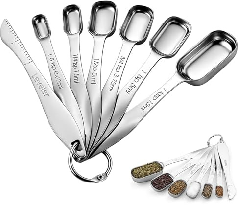 INNAL 7 Stück Messlöffel Set mit Nivellierer 18/8 Edelstahl Dosierlöffel | Quadratisches Metallmaß Teelöffel Measuring Spoons Set für Proteinpulver Kaffee Gewürze Kochen Backen
