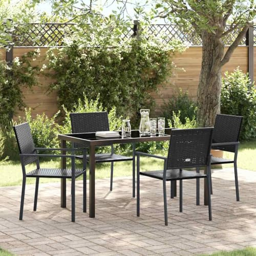 Owoxanthellate Garten-Esstischgruppe 5-TLG Schwarz 200x80 cm UV-beständig Rattan-Sitzgruppe wetterfest platzsparend für Balkon Terrasse und Garten