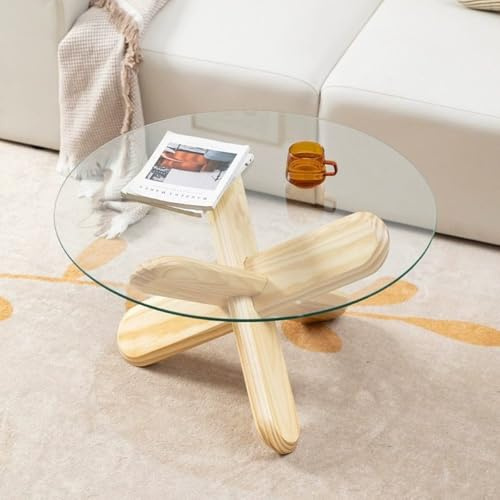 LIGUIEN Table Basse Salon Ronde, Table Basse Ronde en Verre, Pieds en Bois Massif, Plateau en Verre Trempé, pour Salon, Bureau À Domicile – Facile À Assembler(70x45/28x18in)