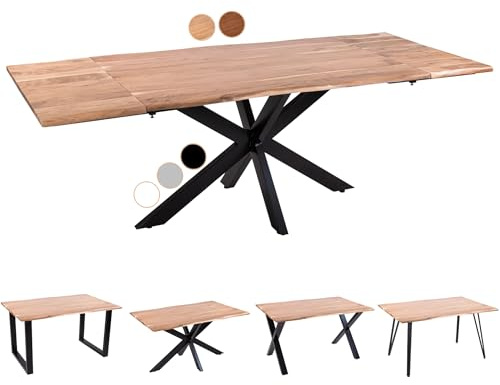 SAM Baumkantentisch 120 (200) x 90 cm Avino, Akazienholz naturfarben & massiv, Esszimmertisch mit 2 Ansteckplatten, Schwarzes Spider-Metallgestell, Esstisch ausziehbar 4-6 Personen