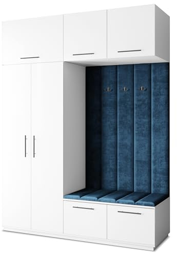 Masseno Flugarderoben Set Rema, Kleiderschrank-Set mit Sitzbank, Garderobenschrank Flur mit 5 Regalböden, Weiß