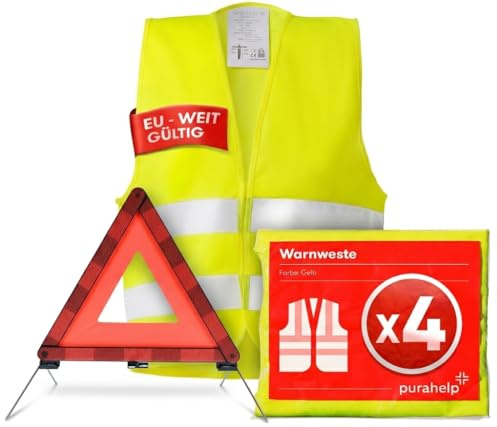 PURAHELP® Warnwesten Auto 4er Set + Warndreieck | Europaweit gültig nach EN ISO 20471 - Reflektierende Warnweste