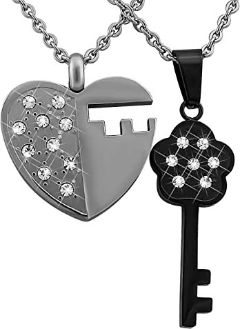 Hanessa 2 Stück Personalisierte Kette mit Gravur Edelstahl 50 cm mit Anhänger Herz Schlüssel mit Strass-Stein in silber schwarz - Personalisierte Geschenke für Damen Herren Freundin Freund