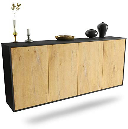 Dekati Sideboard Lakewood hängend (180x77x35cm) Korpus anthrazit matt - Front Holz-Design Eiche - Push to Open