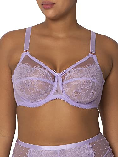 Smart & Sexy Women's Full Coverage Unlined Underwire, Lace & Mesh See, Plus Size Lingerie Inspired Retro Bra, Sheer, Lilac Iris, 44DD
