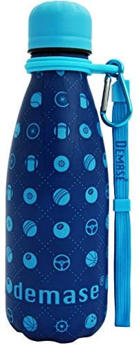Demase Kids Metal Water Bottle with Carabiner Hook and Adjustable Hand Strap - 350ml Stainless Steel Construction with Double Wall Thermal Insulation - BPA Free