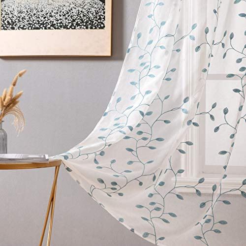 MIULEE Sheer Vorhang Voile Blumen Stickerei Vorhänge mit Ösen transparent Gardine 2 Stücke Ösenvorhang Gaze paarig schals Fensterschal für Wohnzimmer Schlafzimmer 145 cm x 140 cm(H x B) 2er-Set
