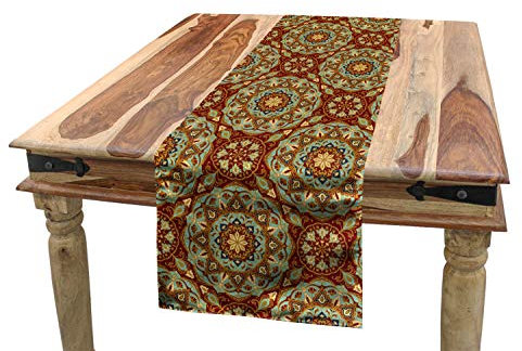 ABAKUHAUS Mandala Tischläufer, Mittelalterliches Mosaik-Entwurf, Esszimmer Küche Rechteckiger Dekorativer Tischläufer, 40 x 180 cm, Blasser Kaffee Hellblau Rubin