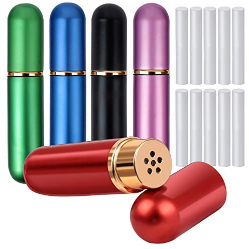 YGDZ Lot de 5 inhalateurs d'huiles essentielles pour aromathérapie nasale, en verre d'aluminium vide, rechargeable, réutilisable avec 10 mèches en coton