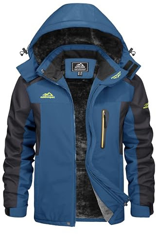 KEFITEVD Men's Warm Fleece Skiing Jacket Outdoor Hiking Coat Snowboarding Softshell Rain Jackets with Detachable Hood,Navy Blue,L