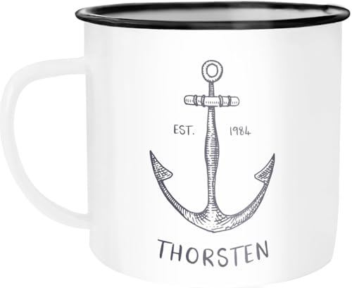 SpecialMe® Emaille-Tasse mit Namen Emaille-Becher personalisierte Geschenke Namensaufdruck Anker Namensbecher Weiss-schwarz Emailletasse