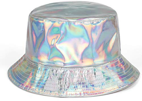 A0127 Frauen Männer Kunstleder Harajuku Hip Hop Eimer Cap Glitter Metallic Holographic Reflective Reversible Breiter Krempe Fischerhut