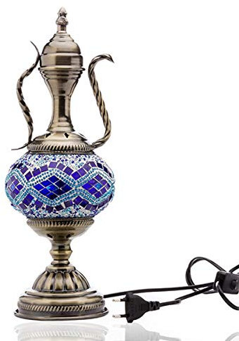 GDLight Türkisch Mosaik Teekanne Tischlampe Moroccon Glas Schreibtischlampe Tiffany-Art-handgemachte Bedside-Nachtlicht für Wohnzimmer Schlafzimmer Kaffee, E14,B