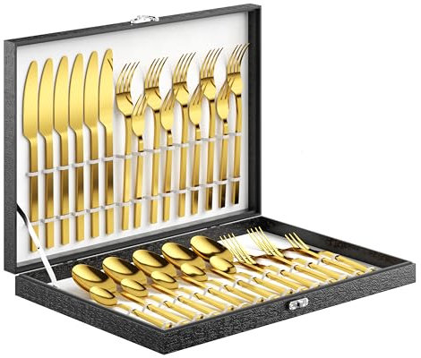 Velaze Besteck Set 12 Personen, Besteck Gold mit Geschenkbox, 2 X 30-teiliges Besteckset 18/10 Edelstahl, Bestecksets mit Messer, Löffel und Gabel, Spiegelpoliert und Spülmaschinenfest