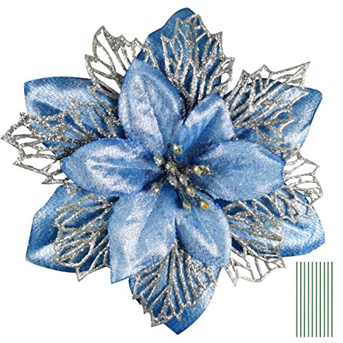 Yueshop 10PCS Artificial Flowers Christmas Glitter Three Layer Floral Accessories for Christmas Tree Ornaments Xmas Garland Wreath DIY Decorations (Blue)
