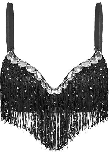 renvena Damen Bauchtanz Kostüm Pailletten Quaste BH Oberteil Bauchtanz Crop Top Indian Belly Dancewear Festival Tanzkleidung Schwarz OneSize