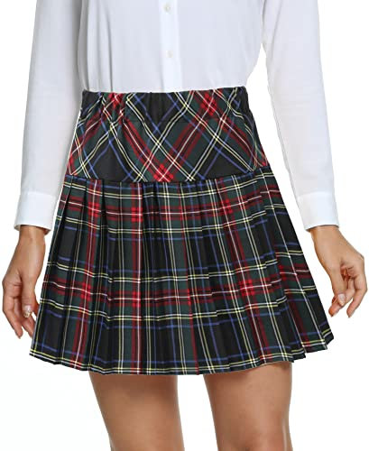 EXCHIC Donne College Stile Alta Vita Mini Pieghe Gonna Elastico Vita A-Line Scozzese Gonne con Breve Pantaloni(L, 18)