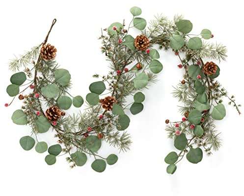 LOHASBEE Künstliche Weihnachtsgirlande, 152 cm, Tannenzapfen, EukalyptusGirlande mit Schnee, roten Beeren, Glocken, Glitzer für Weihnachten, Innen und Außenbereich, Gartentor, Haustür, Zuhause,