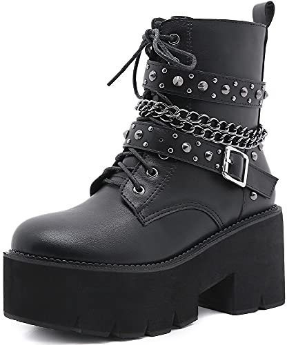 YORWOR Damen Klobige Schwarze Gothic Plateau Stiefeletten Schnüren Reißverschluss Kette Nieten Kampfstiefel 255