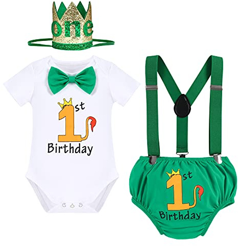 FYMNSI Baby Boy Wild One Jungle Theme First Birthday Cake Smash Outfit Cotton Short Sleeve Romper + Bloomers + Suspenders + Crown Headband 4pcs Set